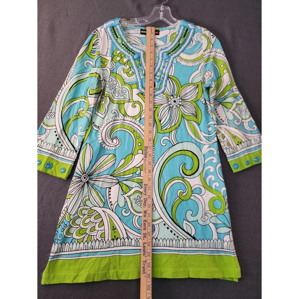 Key Lime & Pink Embelished Hippie Boho Tunic Top Dress Retro 90s Sz L 3/4 Sleeve - Picture 4 of 10